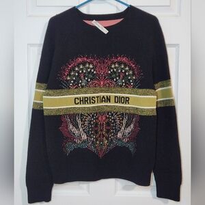 Christian Dior Black Logo & Heart Jacquard Cashmere Knit Sweater
